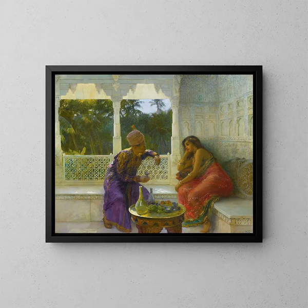 Figuren in een interieur met een palmentuin op de achtergrond - Edwin Lord Weeks — ingelijst kunstwerk aan de muur