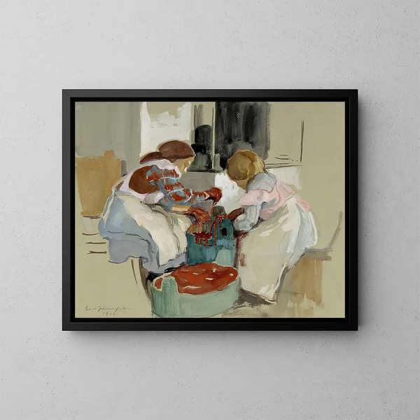Two Girls Dyeing Fabric - Eero Järnefelt — framed artwork on a wall