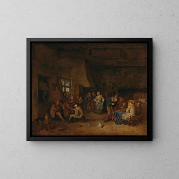 Interior tavern painting with peasants playing triktrak - Egbert van Heemskerck — framed artwork on a wall