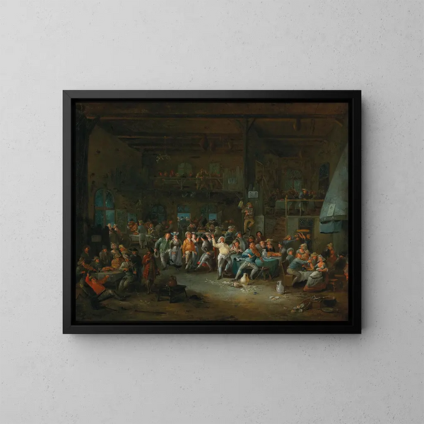 Interior tavern painting with peasants celebrating - Egbert van Heemskerck — framed artwork on a wall