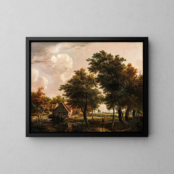 Landscape with a Water Mill - Egbert van Drielst — framed artwork on a wall