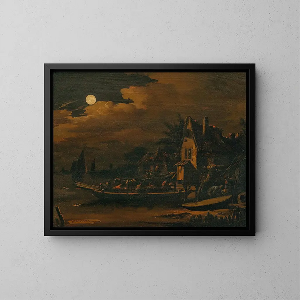 a river landscape at night with a boat - Egbert van der Poel — framed artwork on a wall