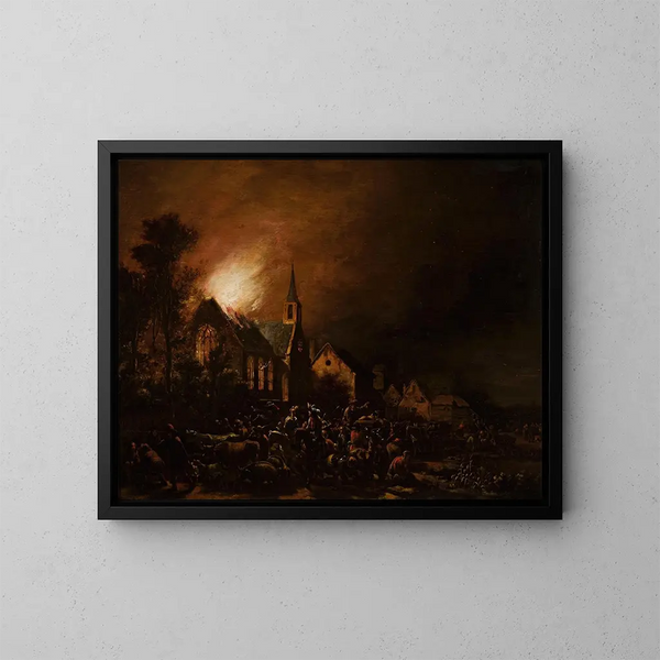 Church on fire - Egbert van der Poel — framed artwork on a wall