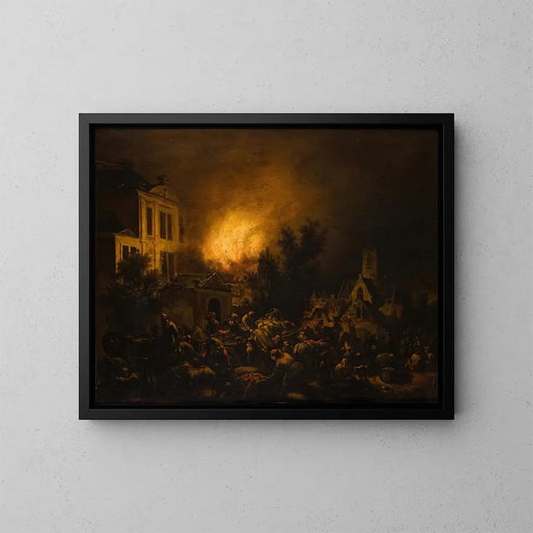 Fire in the city - Egbert van der Poel — framed artwork on a wall