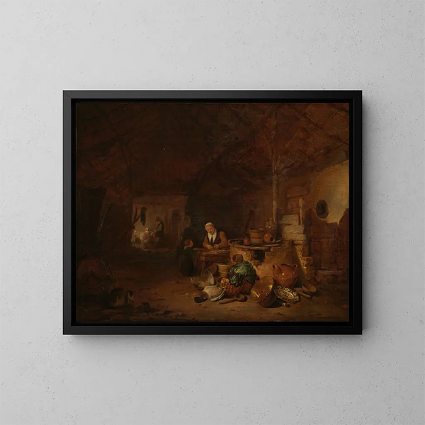 Interior of a barn - Egbert van der Poel — framed artwork on a wall