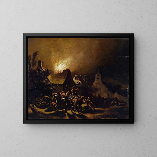 Marauders in front of a burning village - Egbert van der Poel — framed artwork on a wall