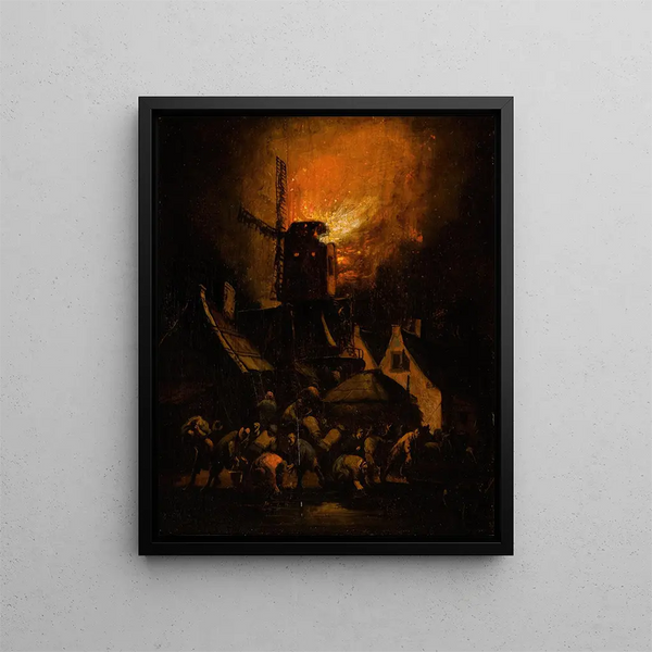 Fire at a windmill - Egbert van der Poel — framed artwork on a wall