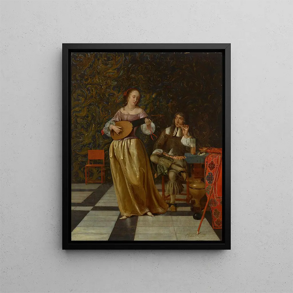 a woman playing the lute and a man listening - Eglon van der Neer — framed artwork on a wall