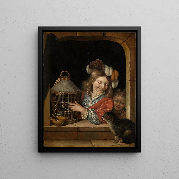Children with birdcage and cat - Eglon van der Neer — framed artwork on a wall