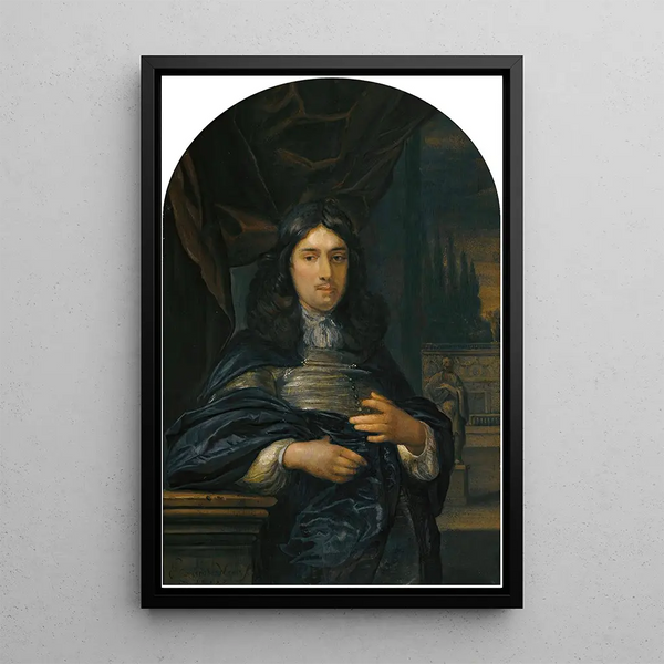 Portrait of a gentleman leaning on a balustrade - Eglon van der Neer — framed artwork on a wall