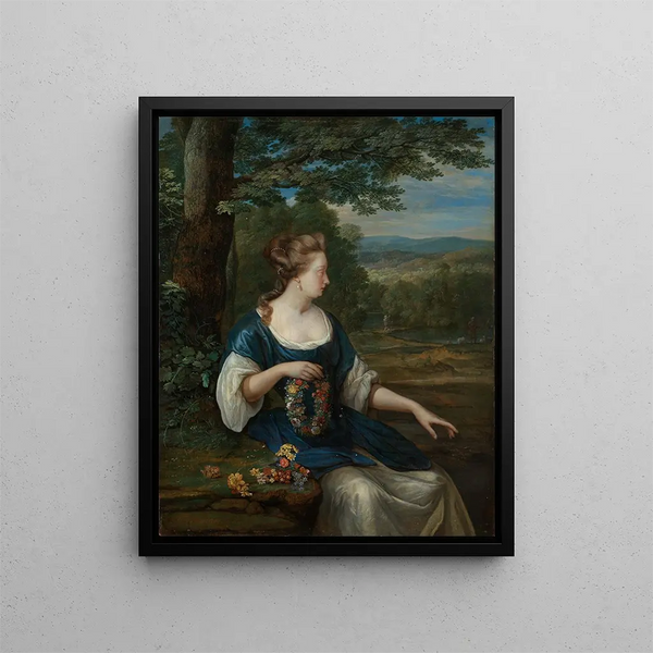 Portrait of a woman with a flower crown - Eglon van der Neer — framed artwork on a wall