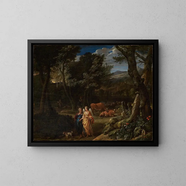 Tobias and the Angel in a Forest Landscape - Eglon van der Neer — framed artwork on a wall