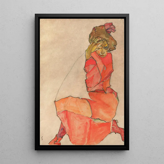 Egon Schiele - Kneeling Female in OrangeRed Dress.webp
