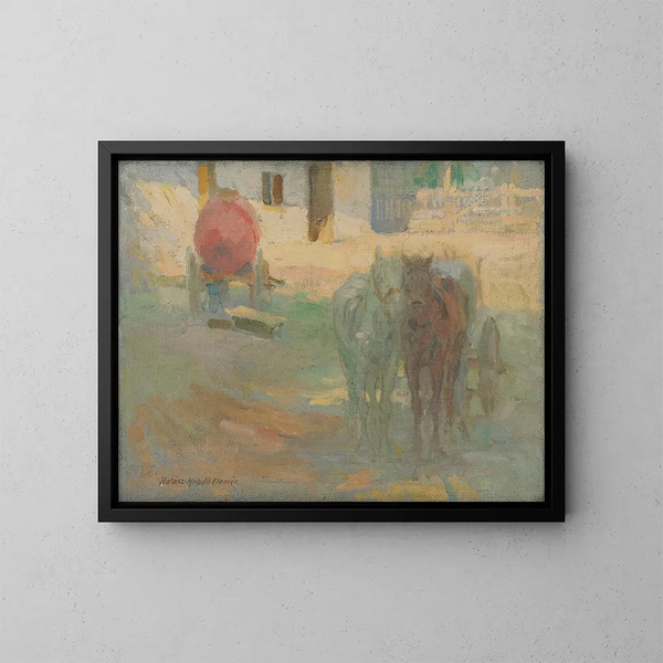 van een boerderijplein met aangespannen paarden - Elemér Halász-Hradil — ingelijst kunstwerk aan de muur