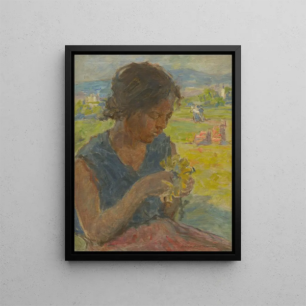 Meisje met een zonnebloem - Elemér Halász-Hradil — ingelijst kunstwerk aan de muur