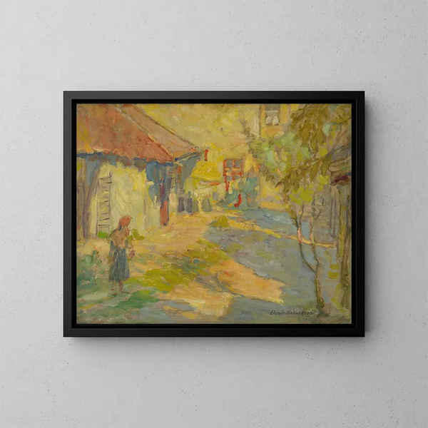 in de binnenplaats - Elemér Halász-Hradil — ingelijst kunstwerk aan de muur