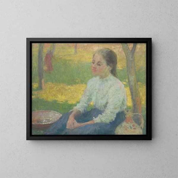 Meisje van een boerinnengezin in een tuin - Elemér Halász-Hradil — ingelijst kunstwerk aan de muur