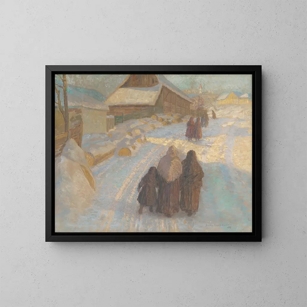 Winter in het dorp - Elemér Halász-Hradil — ingelijst kunstwerk aan de muur