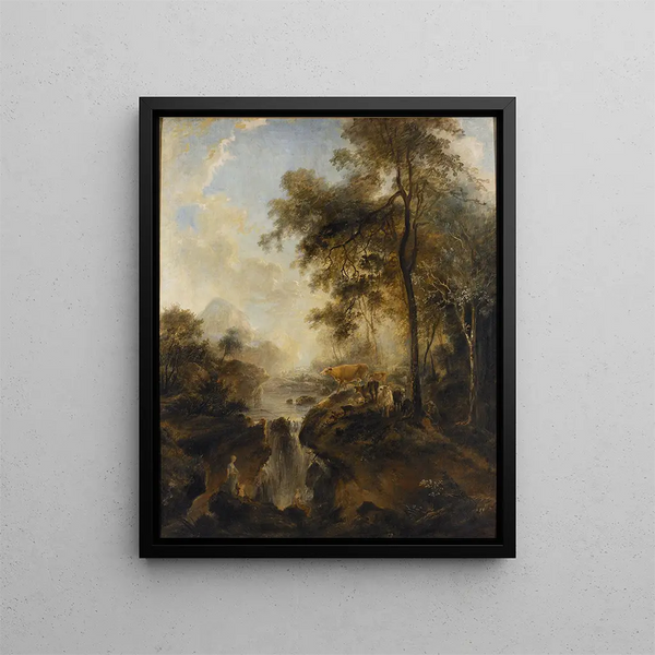 Landscape with a Waterfall and Livestock - Elias Martin — framed artwork on a wall