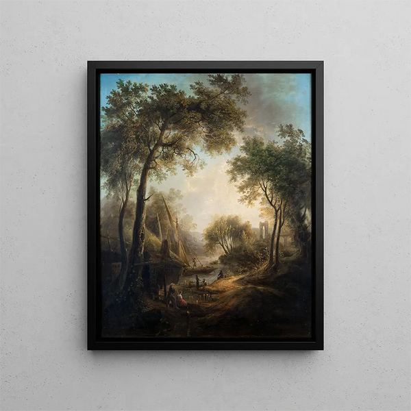 Summer landscape painting with water and tall trees - Elias Martin — framed artwork on a wall