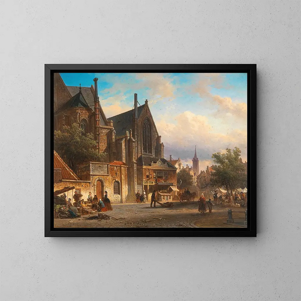 Een Nederlandse markt scène - Elias Pieter van Bommel — ingelijst kunstwerk aan de muur