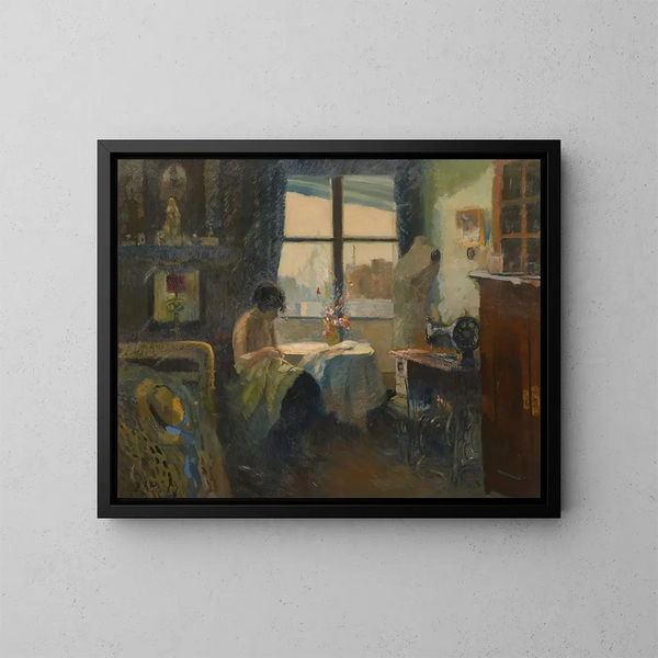 Repriseuse sa fenêtre devant Montmartre - Élie Anatole Pavil — framed artwork on a wall