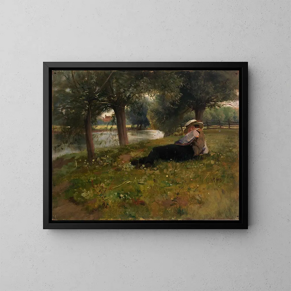 a reclining man near a stream - Eliphalet Fraser Andrews — framed artwork on a wall