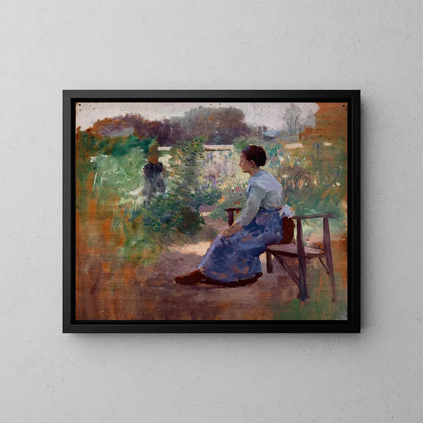Woman sitting in a garden - Eliphalet Fraser Andrews — framed artwork on a wall