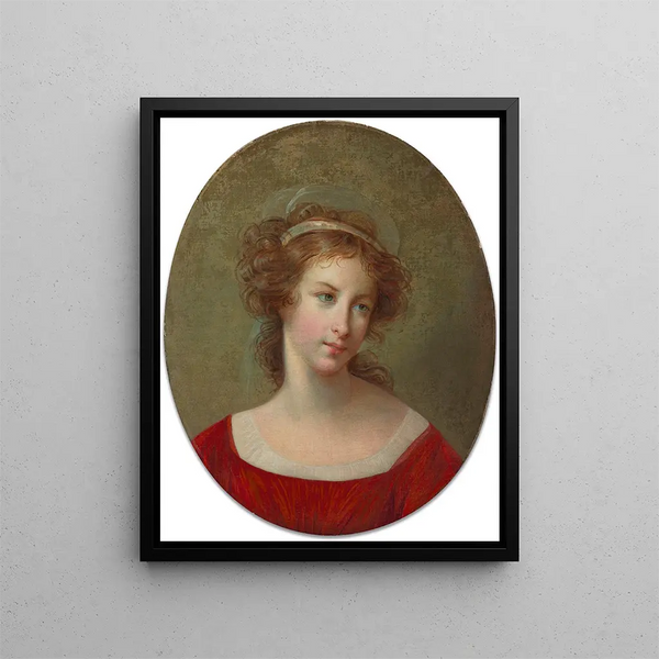 portret van een vrouw in een rode jurk - Elisabeth Louise Vigée Le Brun — ingelijst kunstwerk aan de muur