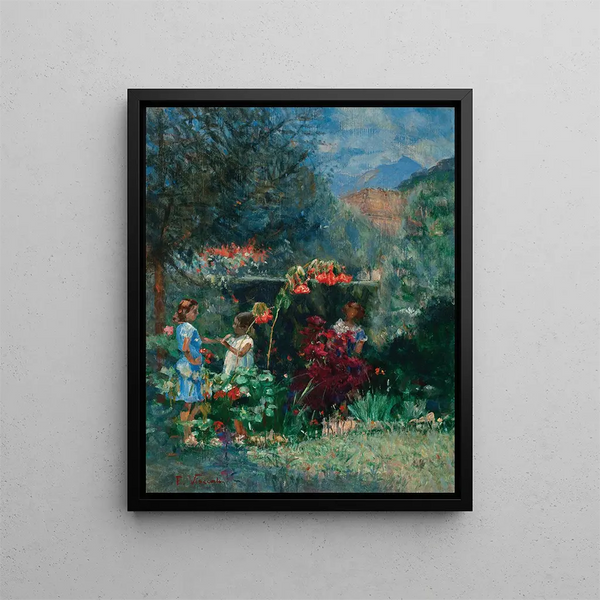 Drie meisjes in de tuin - Eliseu Visconti — ingelijst kunstwerk aan de muur