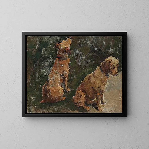 Two terriers in study for the half-holidays - Elizabeth Adela Forbes — framed artwork on a wall