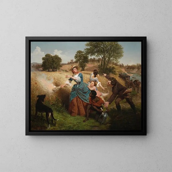 Madame Schuyler burning her wheat fields approaching the British - Emanuel Gottlieb Leutze — framed artwork on a wall