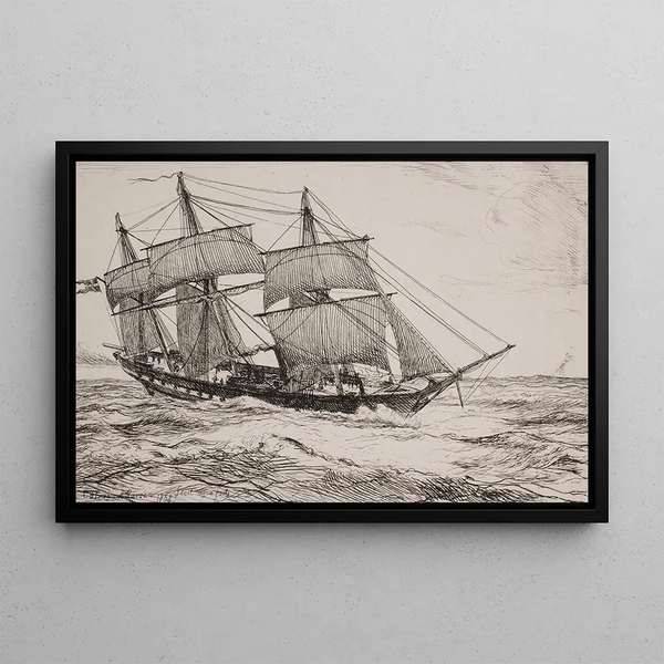 A war schooner - Emanuel Larsen — framed artwork on a wall