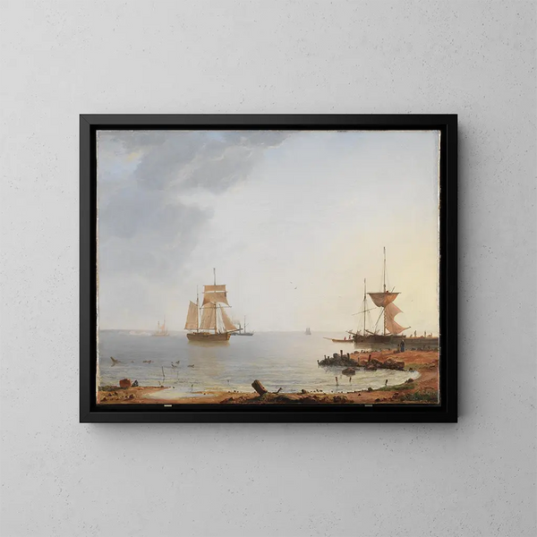 Boats off the coast of Zeeland in the morning - Emanuel Larsen — framed artwork on a wall