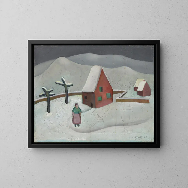 Winter Landscape Painting with Red House - Emanuel Schättli — framed artwork on a wall