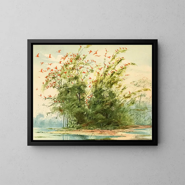 Scene of a heron nest with a scarlet ibis on the Atlantic coast of Maraj Island - Emil August Göldi — framed artwork on a wall