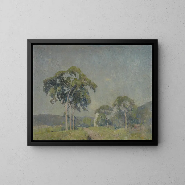 Landscape painting with trees - Emil Carlsen — framed artwork on a wall