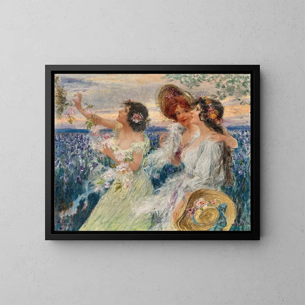 Spring, three ladies in front of a lily field - Emil Czech — framed artwork on a wall