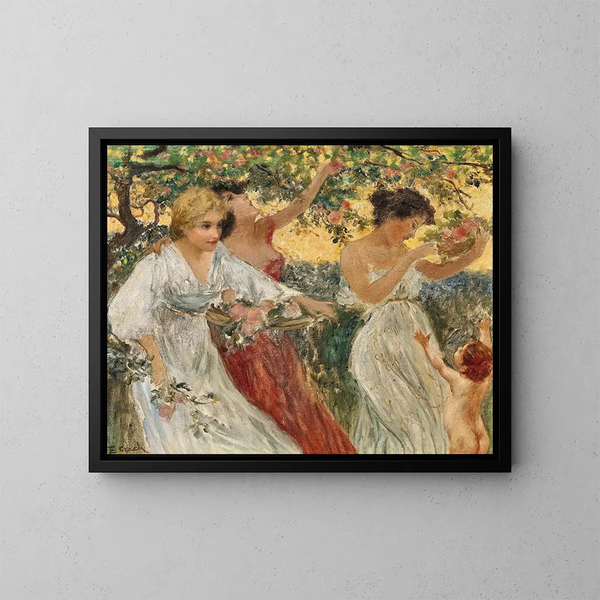 Les trois grâces sous un arbre en fleurs - Emil Czech — framed artwork on a wall