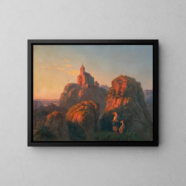 Landscape with Church at Dusk - Emil Ludwig Lühr — framed artwork on a wall