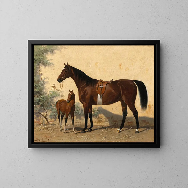 a brown horse with a foal - Emil Volkers — framed artwork on a wall