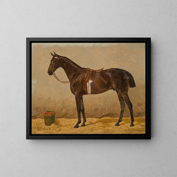a brown horse with a saddle in a stable - Emil Volkers — framed artwork on a wall