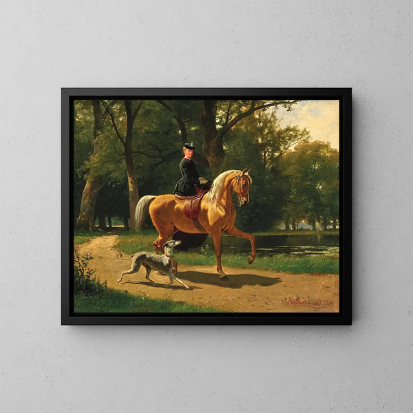A young woman on horseback - Emil Volkers — framed artwork on a wall