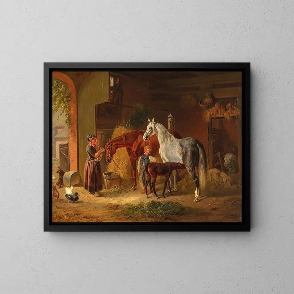 Visit to the foal in the stable - Emil Volkers — framed artwork on a wall