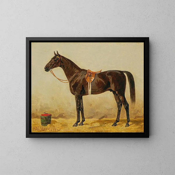 Black Horse in the Stable II - Emil Volkers — framed artwork on a wall