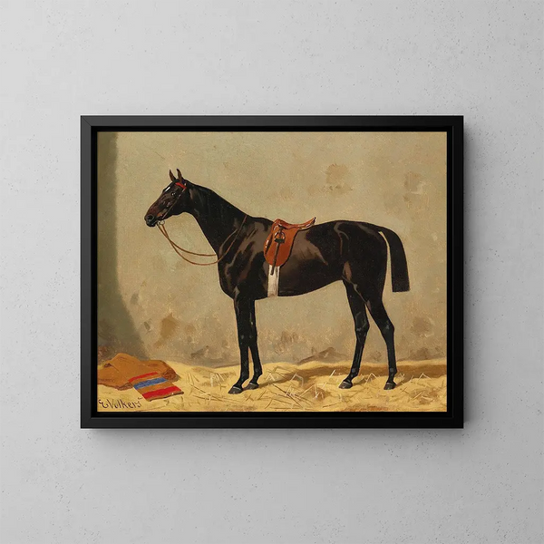 Black horse in the stable - Emil Volkers — framed artwork on a wall