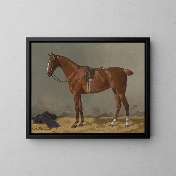 Brown horse saddled in the stable - Emil Volkers — framed artwork on a wall