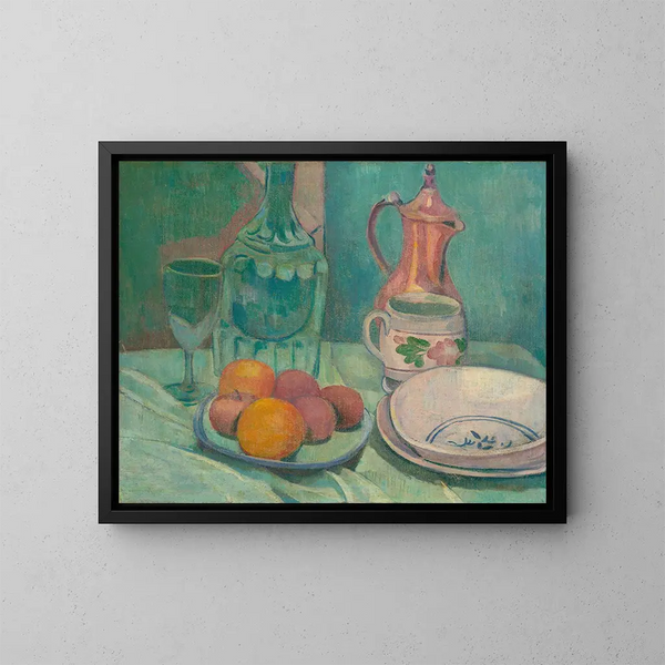 Natuurstudie met karaf, glas, fruit, borden, kop en koffiezetapparaat - Émile Bernard — ingelijst kunstwerk aan de muur