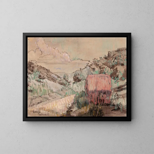 van het rode hutje op een heuvel - Émile Bernard — ingelijst kunstwerk aan de muur