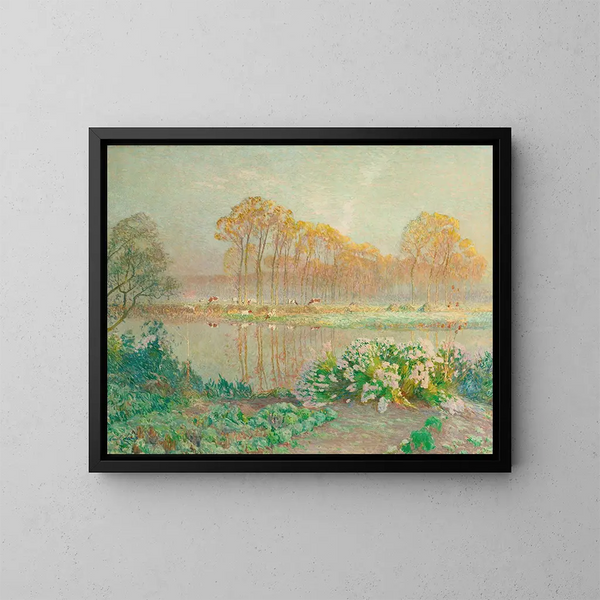 Landscape painting with pond and flowers - Émile Claus — framed artwork on a wall